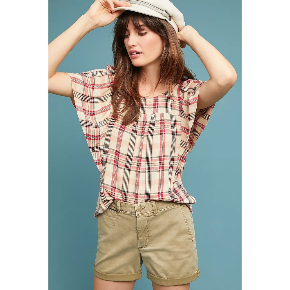 Anthropologie Maeve Priscilla Plaid Blouse Size S Flutter Sleeve Preppy Cowgirl
